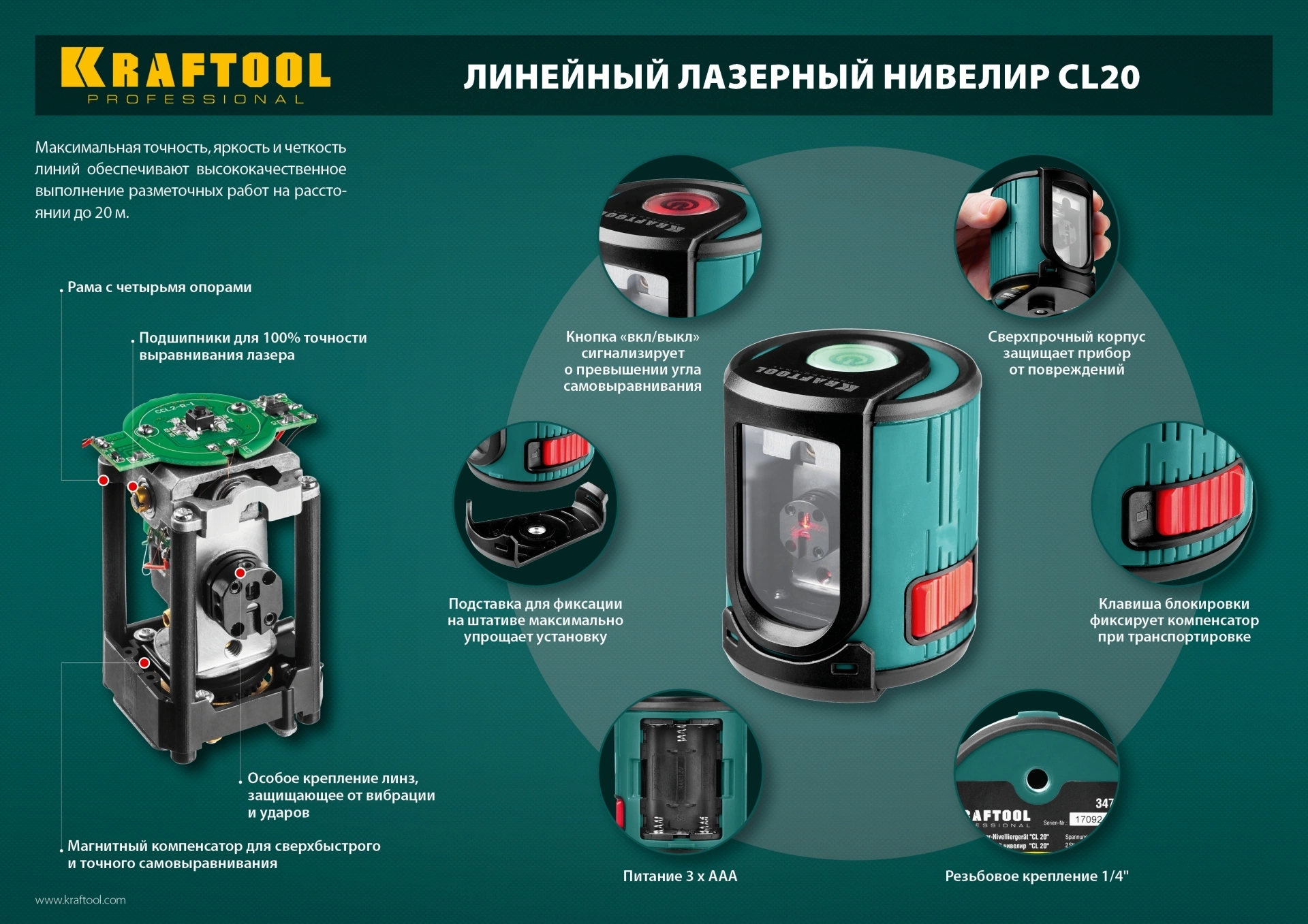 KRAFTOOL CL 20 #5 нивелир лазерный, 20 м, IP54,, точн. +/-0,2 мм/м, держатель, в кейсе (34700-5)
