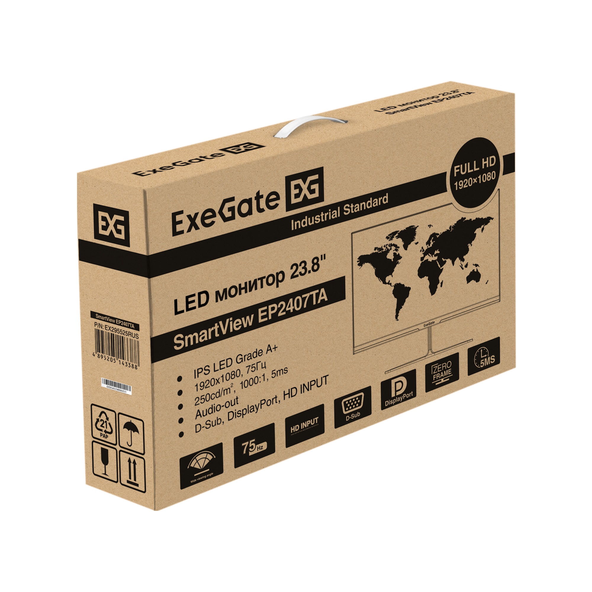 LCD ExeGate 23.8" EP2407TA SmartView черный {IPS 1920x1080 75Hz 5ms 16:9 250cd 1000:1 178/178 D-Sub HDMI1.4  DisplayPort AudioOut встроенный БП FreeSync VESA регулировка наклона} [EX295525RUS]