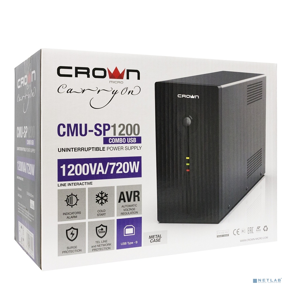 CROWN ИБП CMU-SP1200 COMBO USB {1200VA\720W, металл, 2x12V/9AH, 4*IEC + 2*EURO+1*IEC bybass} (CM000001874)