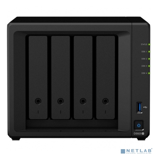 Synology DS920+ Сетевое хранилище C2GhzCPU/4Gb(upto8)/RAID0,1,10,5,6/up to 4hot plug HDDs SATA(3,5' or 2,5')(up to 9 with DX517)/2xUSB3.0/2GigEth/iSCSI/2xIPcam(up to 40)/1xPS/3YW