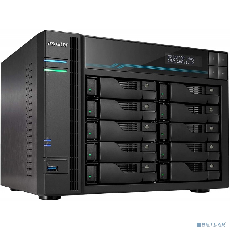 ASUSTOR AS7110T 10-Bay NAS/Media player/Intel Xeon E-2224  3.4GHz up to 4.6GHz(Quad-Core), 8GB SO-DIMM DDR4, noHDD(HDD,SSD),/10x1GbE+3x2,5Gbe(LAN)/3xUSB3.2,HDMI/M.2/4ip camera license ; 90IX01D1-BW3S1