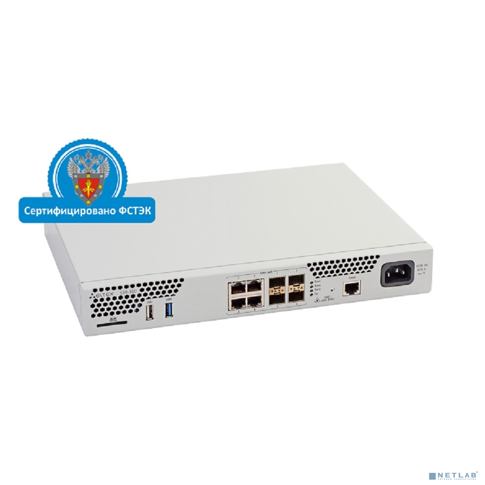 ELTEX ESR-100 FSTEC Межсетевой экран A4, 4xCombo 10/100/1000BASE-T/1000BASE-X SFP, 1xUSB 2.0, 1xUSB3.0, 1 слот для SD-карт, 4 ГБ RAM, 1 ГБ NAND-Flash, 220 В AC