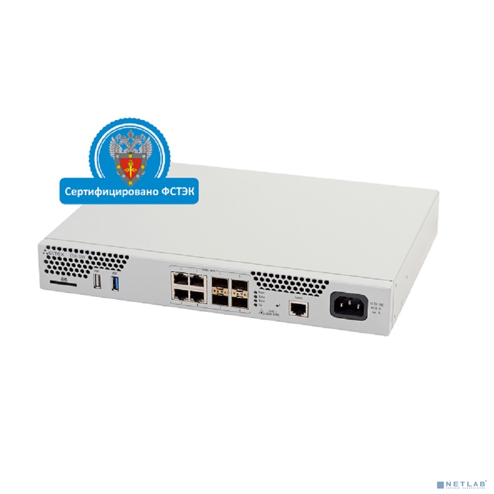 ELTEX ESR-100 FSTEC Межсетевой экран A4, 4xCombo 10/100/1000BASE-T/1000BASE-X SFP, 1xUSB 2.0, 1xUSB3.0, 1 слот для SD-карт, 4 ГБ RAM, 1 ГБ NAND-Flash, 220 В AC