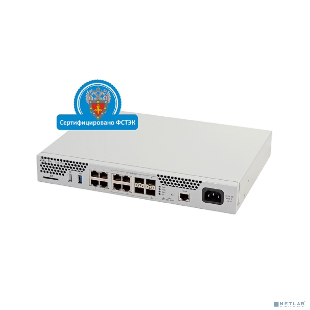 ELTEX ESR-200 FSTEC Межсетевой экран A4, 4x10/100/1000BASE-T, 4xCombo 10/100/1000BASE-T/1000BASE-X SFP, 1xUSB 2.0, 1xUSB3.0, 1 слот для SD-карт, 4 ГБ RAM, 1 ГБ NAND-Flash, 220 В AC ELTEX ESR-200 FSTEC Межсетевой экран A4, 4x10/100/1000BASE-T, 4xCombo 10/100/1000BASE-T/1000BASE-X SFP, 1xUSB 2.0, 1xUSB3.0, 1 слот для SD-карт, 4 ГБ RAM, 1 ГБ NAND-Flash, 220 В AC