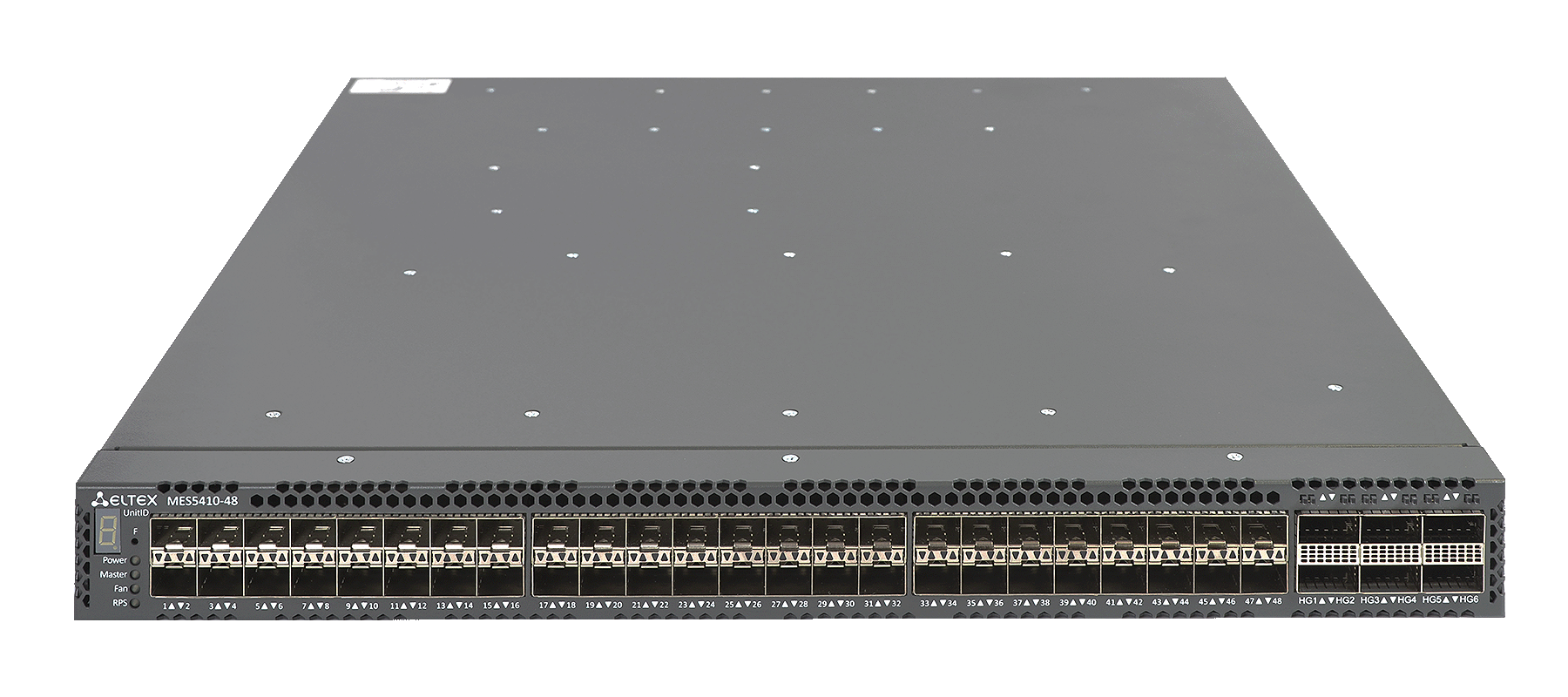ELTEX MES5410-48 Ethernet-коммутатор , 48x1000BASE-X(SFP)/10GBASE-R (SFP+)/25GBASE-R(SFP28),6x40GBASE-R (QSFP+) /100GBASE-R (QSFP28), L3, 2 слота для модулей питания ELTEX MES5410-48 Ethernet-коммутатор , 48x1000BASE-X(SFP)/10GBASE-R (SFP+)/25GBASE-R(SFP28),6x40GBASE-R (QSFP+) /100GBASE-R (QSFP28), L3, 2 слота для модулей питания