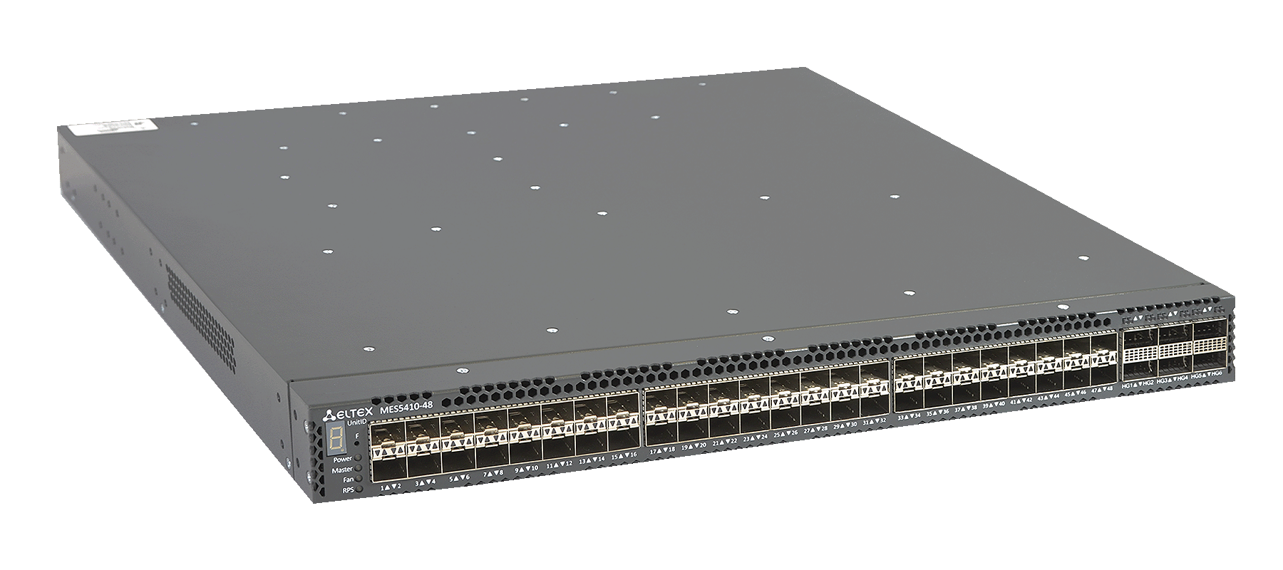 ELTEX MES5410-48 Ethernet-коммутатор , 48x1000BASE-X(SFP)/10GBASE-R (SFP+)/25GBASE-R(SFP28),6x40GBASE-R (QSFP+) /100GBASE-R (QSFP28), L3, 2 слота для модулей питания ELTEX MES5410-48 Ethernet-коммутатор , 48x1000BASE-X(SFP)/10GBASE-R (SFP+)/25GBASE-R(SFP28),6x40GBASE-R (QSFP+) /100GBASE-R (QSFP28), L3, 2 слота для модулей питания