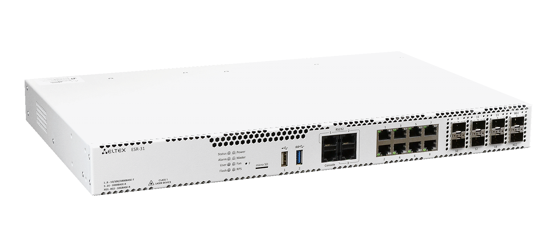 ELTEX ESR-31 Маршрутизатор ESR-30, 4x10/100/1000BASE-T, 2x10GBASE-R SFP+, 1xConsole (RJ-45), 1xUSB 2.0, 1xUSB 3.0, 1 слот для micro-SD карт, 4 Гб RAM, 8 Гб Flash, 100–264 В АС