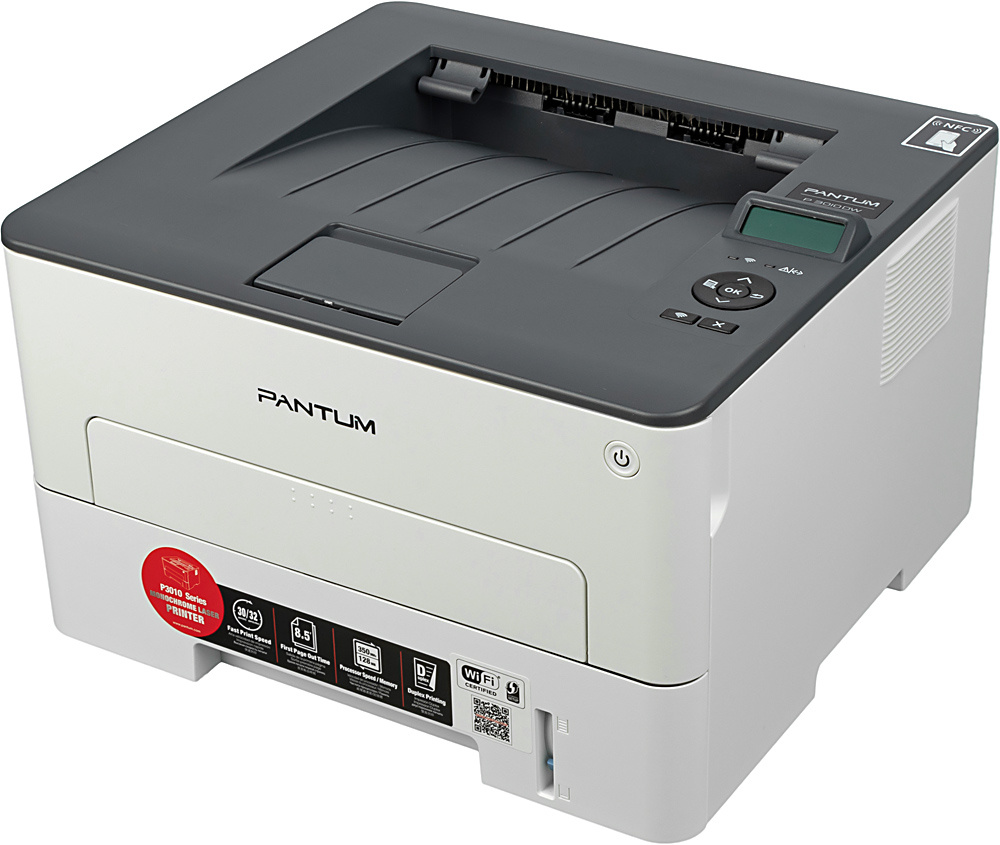 Pantum P3010DW Принтер, Mono Laser, дуплекс, A4, 30стр/мин, 1200 х 1200dpi, 128Mb, USB, RJ45, Wi-Fi, NFC, серый корпус