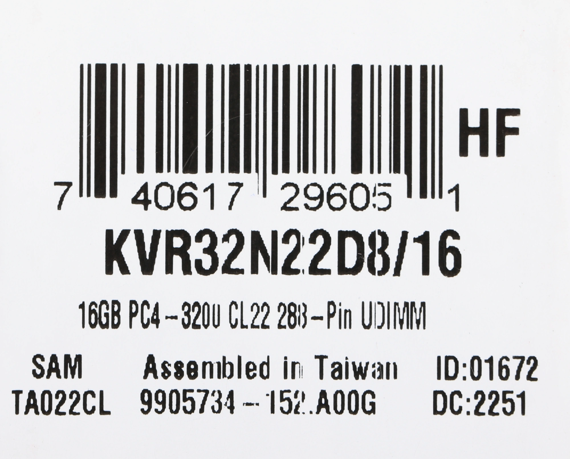 Kingston DDR4 DIMM 16GB KVR32N22D8/16 PC4-25600, 3200MHz, CL22