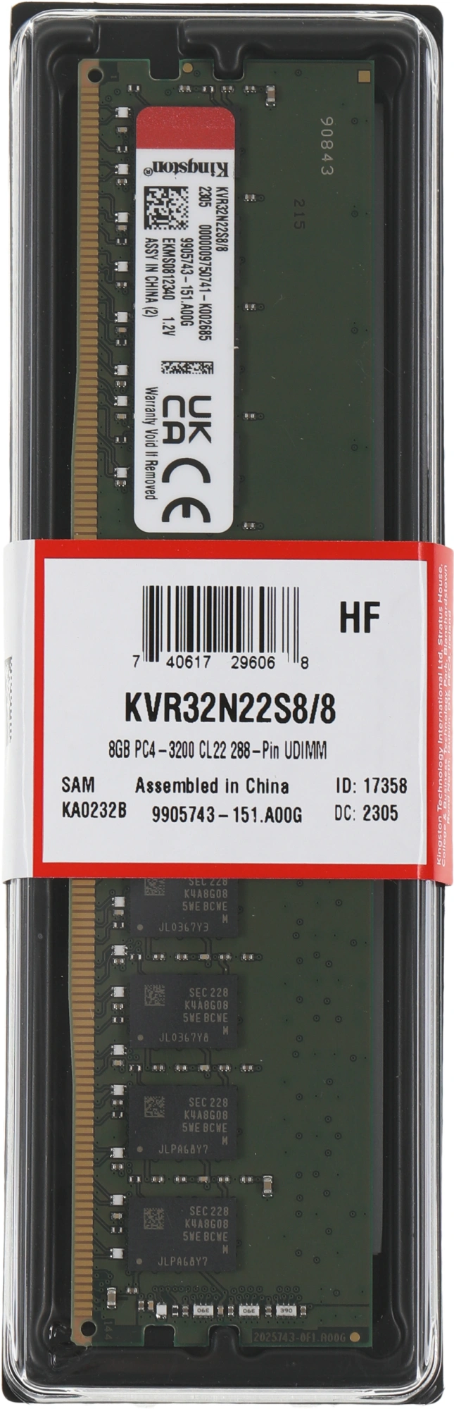Kingston DDR4 DIMM 8GB KVR32N22S8/8 PC4-25600, 3200MHz, CL22