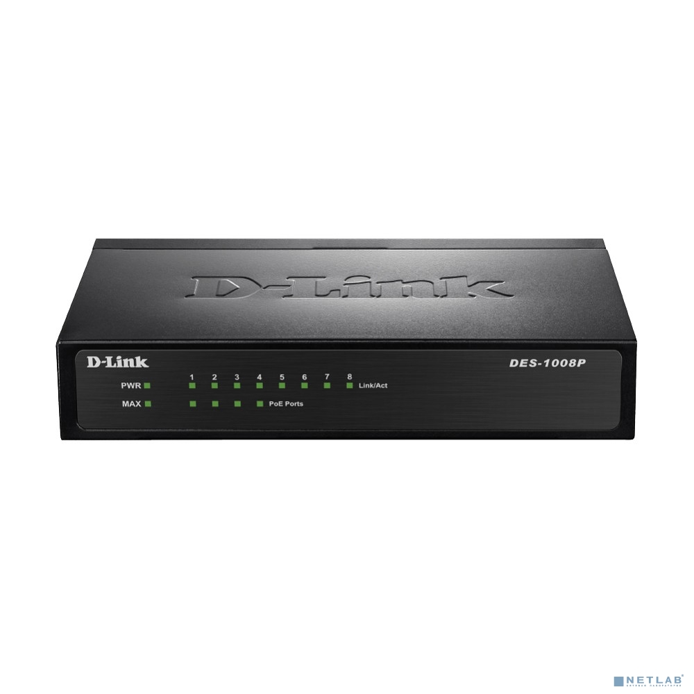 D-Link DES-1008P/C1A Неуправляемый коммутатор с 8 портами 10/100Base-TX (4 порта с поддержкой PoE 802.3af (15,4 Вт), PoE-бюджет 52 Вт)
