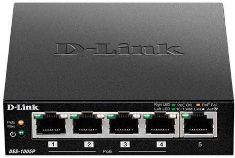 D-Link DES-1005P/B1A Неуправляемый коммутатор с 5 портами 10/100Base-TX, (4 порта PoE 802.3af/at, PoE-бюджет 60 Вт)