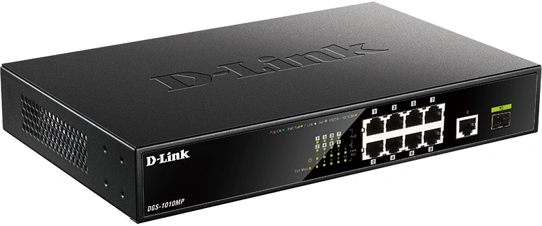 D-Link DGS-1010MP/A1A Неуправляемый коммутатор с 9 портами 10/100/1000Base-T, 1 портом 1000Base-X SFP (8 портов PoE 802.3af/at, PoE-бюджет 125 Вт)