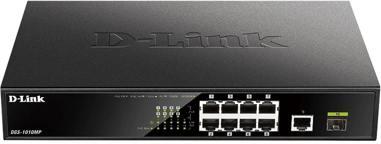 D-Link DGS-1010MP/A1A Неуправляемый коммутатор с 9 портами 10/100/1000Base-T, 1 портом 1000Base-X SFP (8 портов PoE 802.3af/at, PoE-бюджет 125 Вт)