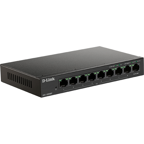 D-Link DES-1009MP/A1A Неуправляемый коммутатор с 8 портами 10/100Base-TX и 1 портом 10/100/1000Base-T (8 портов РоЕ 802.3af/at, PoE-бюджет 117 Вт)