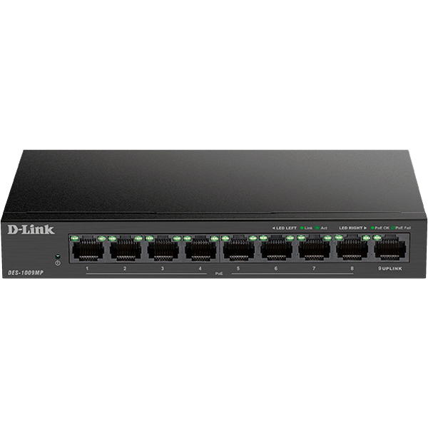 D-Link DES-1009MP/A1A Неуправляемый коммутатор с 8 портами 10/100Base-TX и 1 портом 10/100/1000Base-T (8 портов РоЕ 802.3af/at, PoE-бюджет 117 Вт)