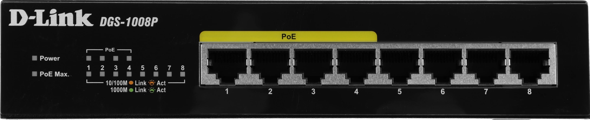 D-Link DGS-1008P/E1A Неуправляемый коммутатор с 8 портами 10/100/1000Base-T (4 порта PoE 802.3af/at, PoE-бюджет 80 Вт) D-Link DGS-1008P/E1A Неуправляемый коммутатор с 8 портами 10/100/1000Base-T (4 порта PoE 802.3af/at, PoE-бюджет 80 Вт)