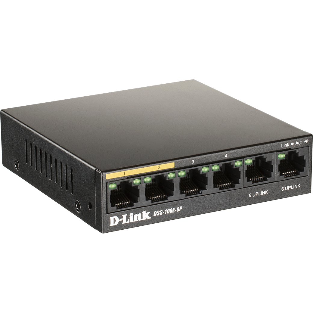 D-Link DSS-100E-6P/A1A Неуправляемый коммутатор с 6 портами 10/100Base-TX (4 порта PoE 802.3af/at, PoE-бюджет 55 Вт, дальность до 250 м)