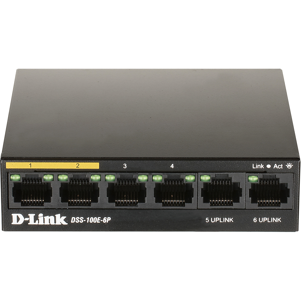 D-Link DSS-100E-6P/A1A Неуправляемый коммутатор с 6 портами 10/100Base-TX (4 порта PoE 802.3af/at, PoE-бюджет 55 Вт, дальность до 250 м)