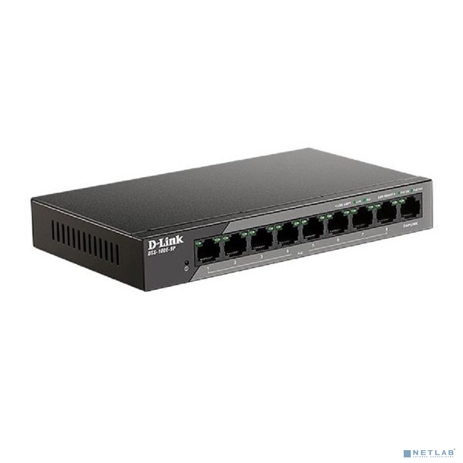 D-Link DSS-100E-9P/B1A Неуправляемый коммутатор с 8 портами 10/100Base-TX и 1 портом 10/100/1000Base-T (8 портов PoE 802.3af/at, PoE-бюджет 92 Вт, дальность до 250 м)