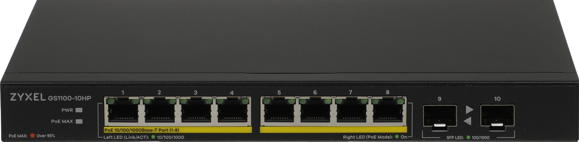 ZYXEL GS1100-10HP-EU0102F PoE+ коммутатор  GS1100-10HP, 8xGE PoE+, 2xSFP, настольный, бесшумный, бюджет PoE 130 Вт