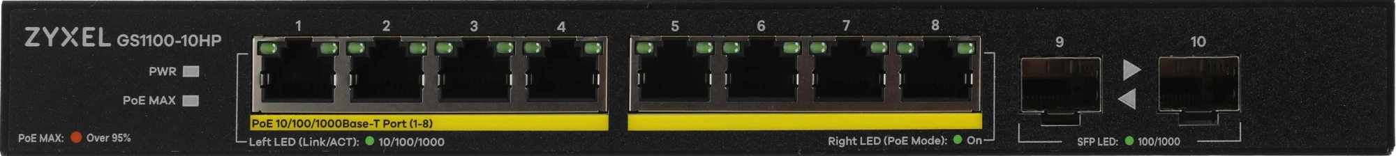 ZYXEL GS1100-10HP-EU0102F PoE+ коммутатор  GS1100-10HP, 8xGE PoE+, 2xSFP, настольный, бесшумный, бюджет PoE 130 Вт