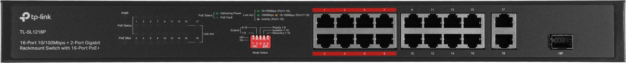 TP-Link TL-SL1218P Коммутатор с 16 портами PoE+ 10/100 Мбит/с, гигабитным портом RJ45 и комбинированным портом RJ45/SFP