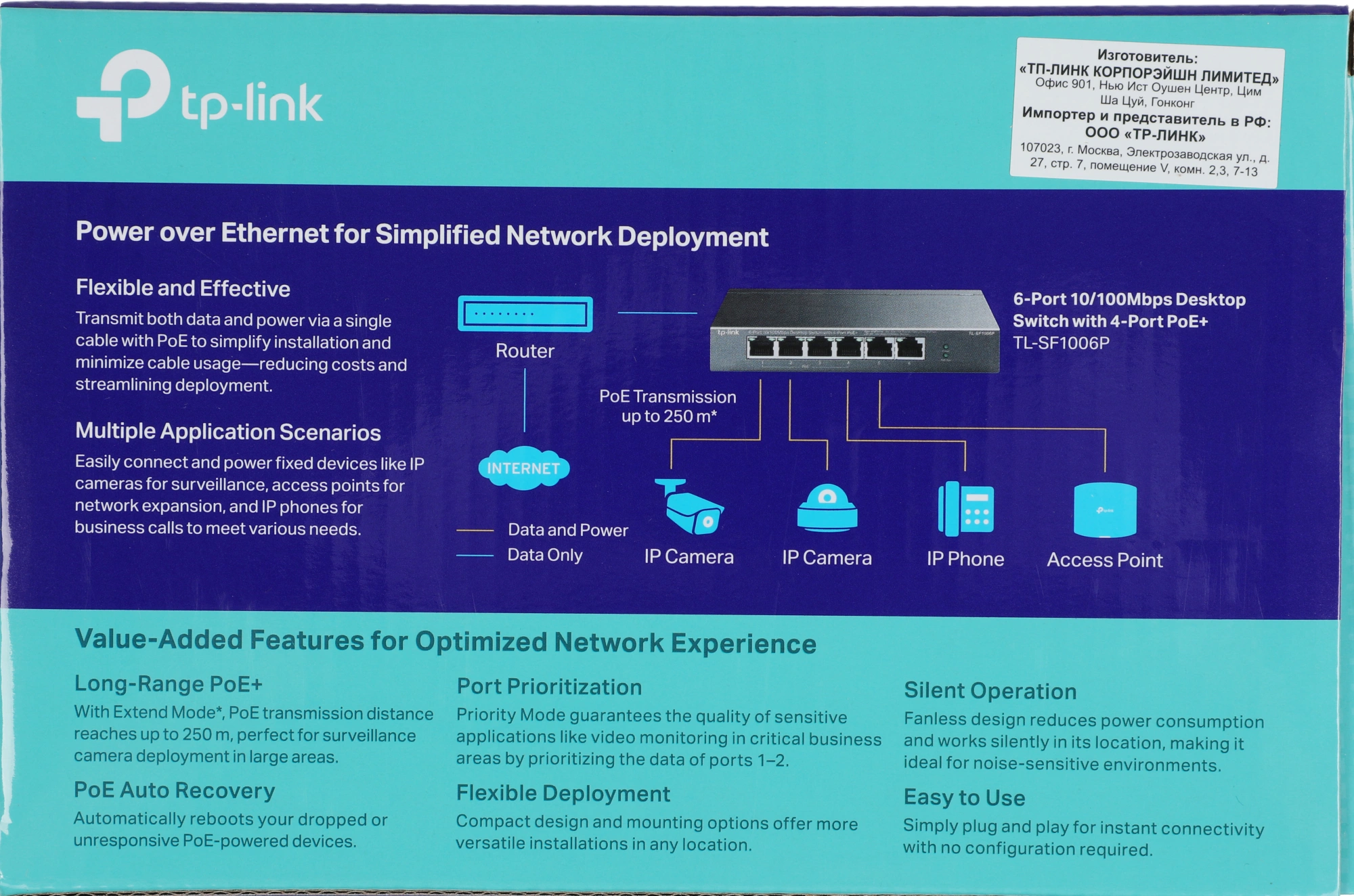 TP-Link TL-SF1006P Настольный коммутатор с 6 портами 10/100 Мбит/с (4 порта PoE+)