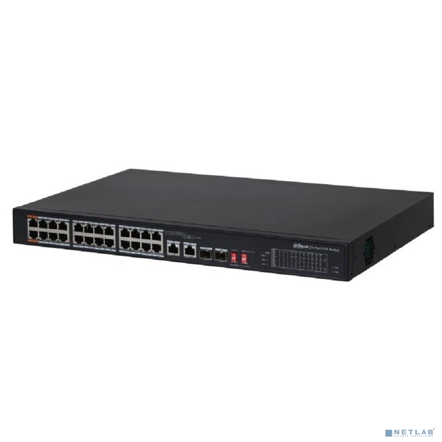 DAHUA DH-PFS3226-24ET-240 26-портовый неуправляемый коммутатор с РоЕ, 24xRJ45 100Mb PoE, 2хКомбо SFP/RJ45 1Gb uplink, суммарно 240Вт, коммутация 8.8 Гбит/с, MAC-таблица 8К