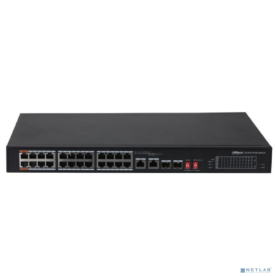 DAHUA DH-PFS3226-24ET-240 26-портовый неуправляемый коммутатор с РоЕ, 24xRJ45 100Mb PoE, 2хКомбо SFP/RJ45 1Gb uplink, суммарно 240Вт, коммутация 8.8 Гбит/с, MAC-таблица 8К