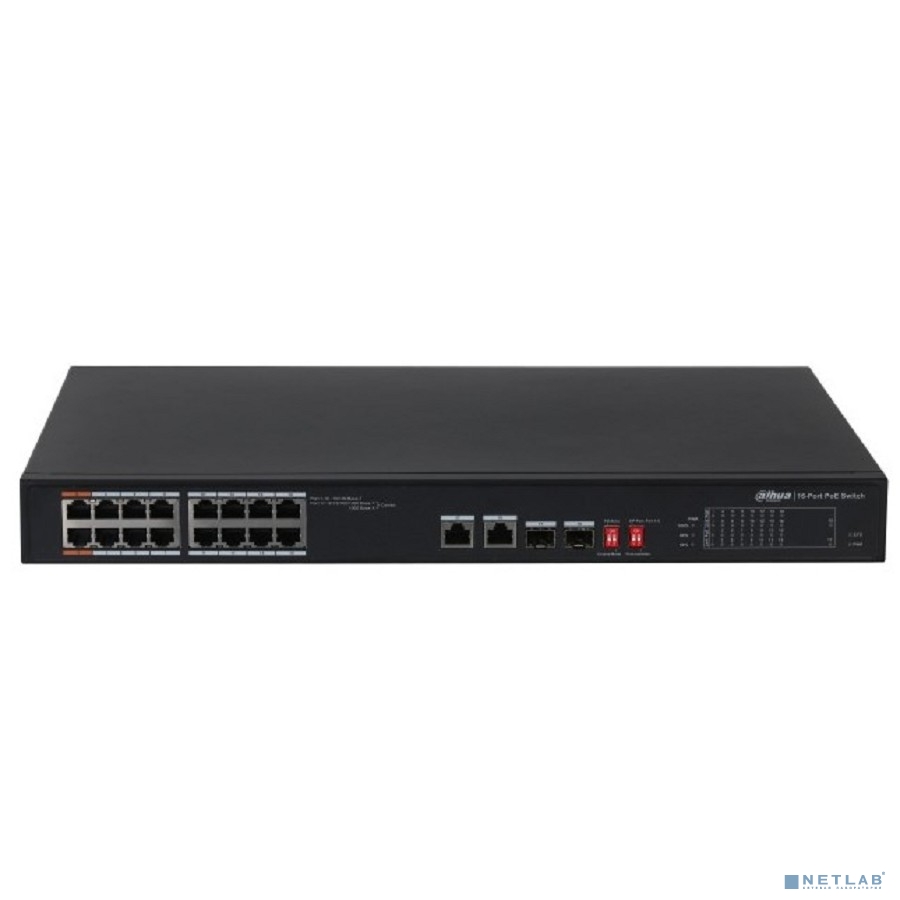 DAHUA DH-PFS3218-16ET-135 18-портовый неуправляемый коммутатор с РоЕ, 16xRJ45 100Mb PoE, 2хКомбо SFP/RJ45 1Gb uplink, суммарно 135Вт, коммутация 7.2 Гбит/с, MAC-таблица 8К, металл