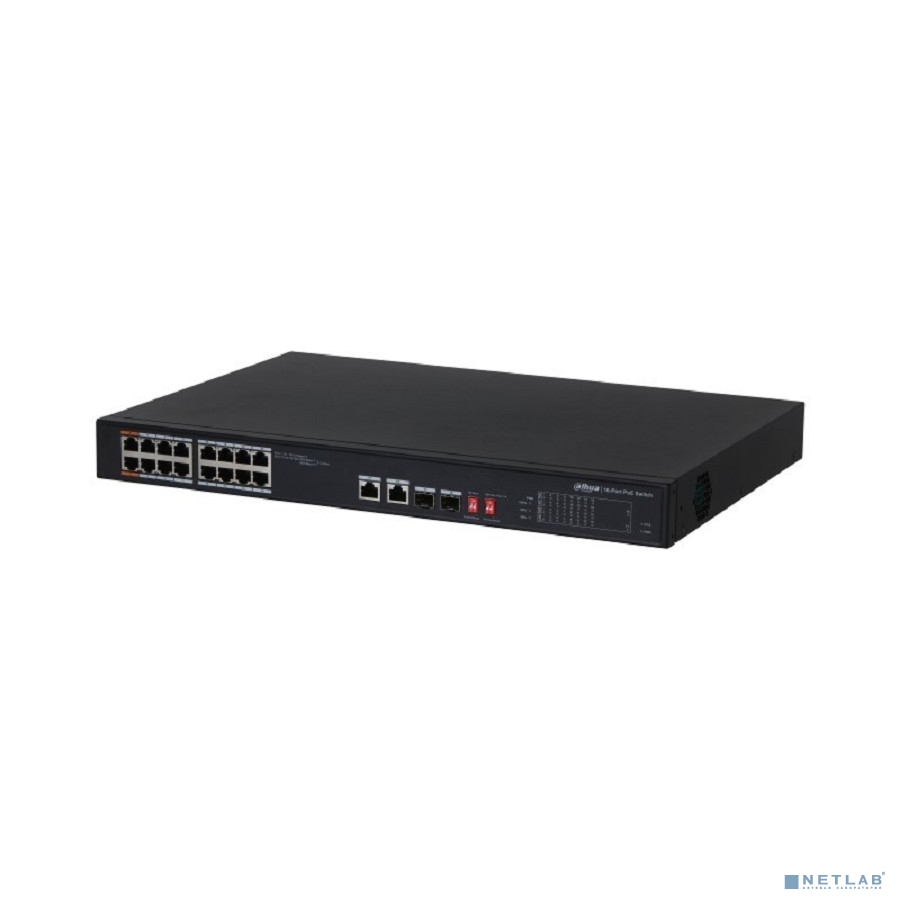 DAHUA DH-PFS3218-16ET-135 18-портовый неуправляемый коммутатор с РоЕ, 16xRJ45 100Mb PoE, 2хКомбо SFP/RJ45 1Gb uplink, суммарно 135Вт, коммутация 7.2 Гбит/с, MAC-таблица 8К, металл
