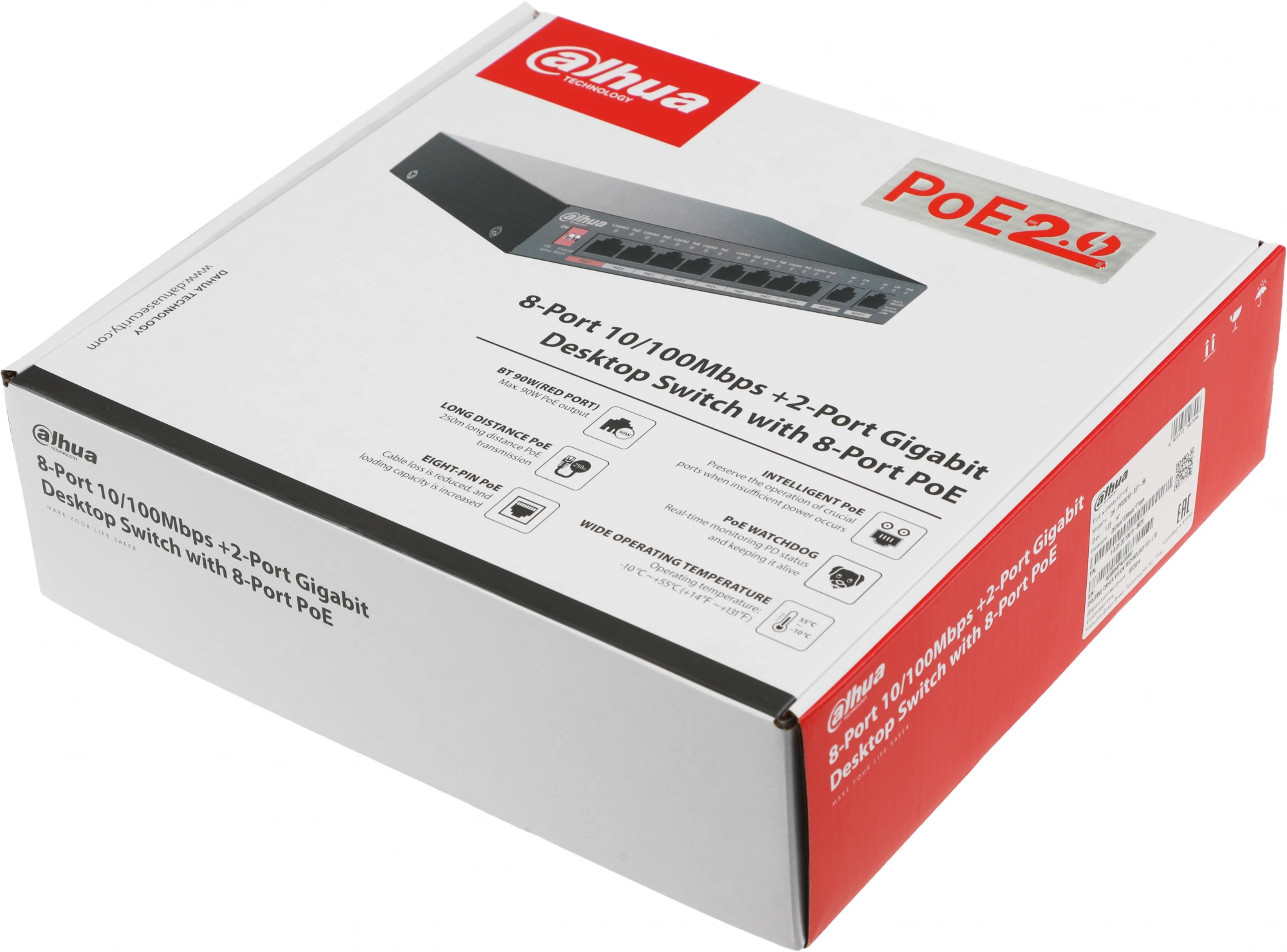 DAHUA DH-PFS3010-8ET-96 10-портовый неуправляемый коммутатор с РоЕ, 8xRJ45 100Mb PoE, 2xRJ45 1Gb uplink, суммарно 96Вт, коммутация 5.6 Гбит/с, MAC-таблица 8К, металл