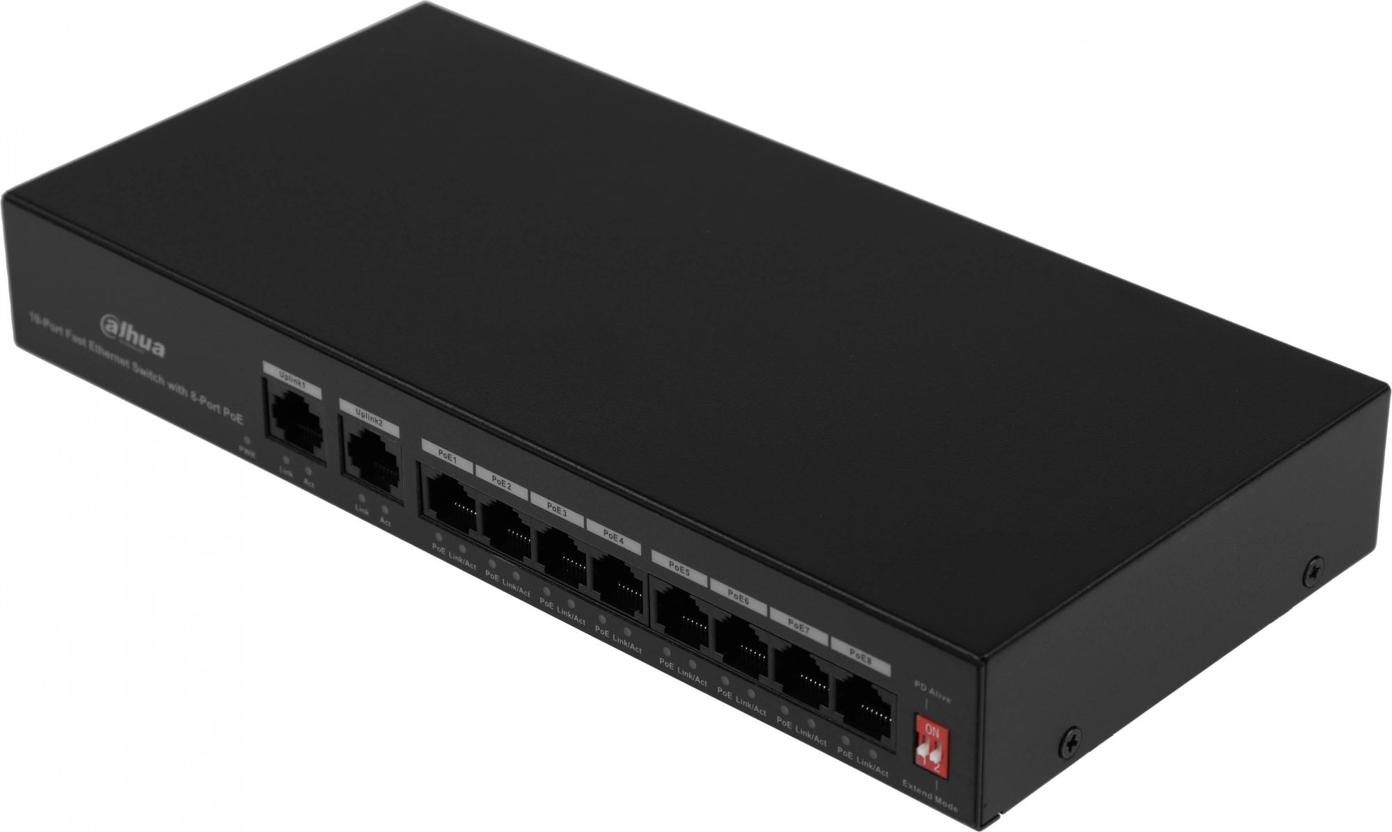 DAHUA DH-PFS3010-8ET-65 10-портовый неуправляемый коммутатор с РоЕ, 8xRJ45 100Mb PoE, 2xRJ45 100Mb uplink, суммарно 65Вт, коммутация 2 Гбит/с, MAC-таблица 2К, металл