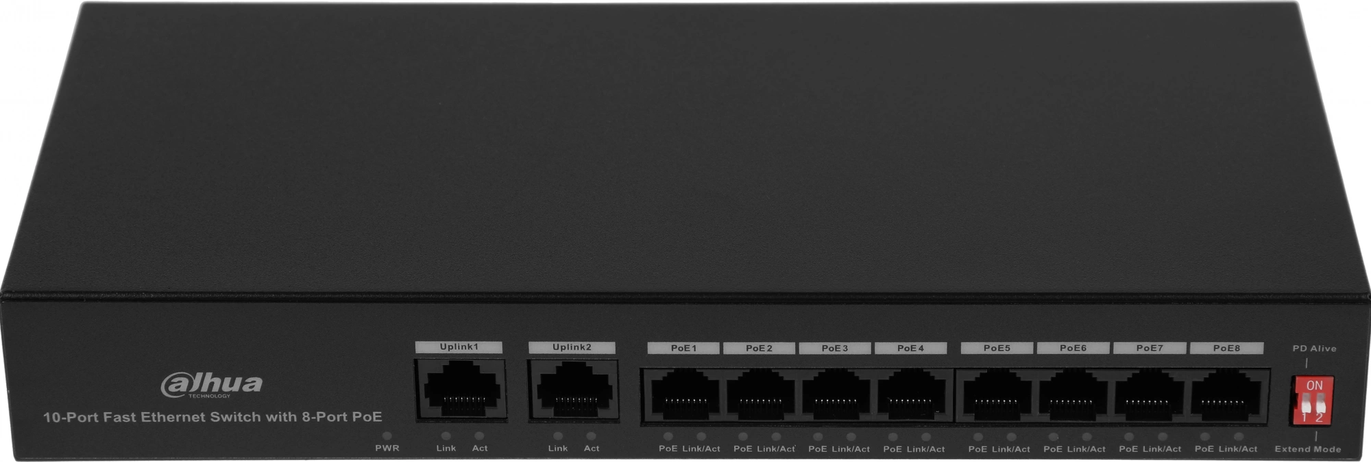 DAHUA DH-PFS3010-8ET-65 10-портовый неуправляемый коммутатор с РоЕ, 8xRJ45 100Mb PoE, 2xRJ45 100Mb uplink, суммарно 65Вт, коммутация 2 Гбит/с, MAC-таблица 2К, металл