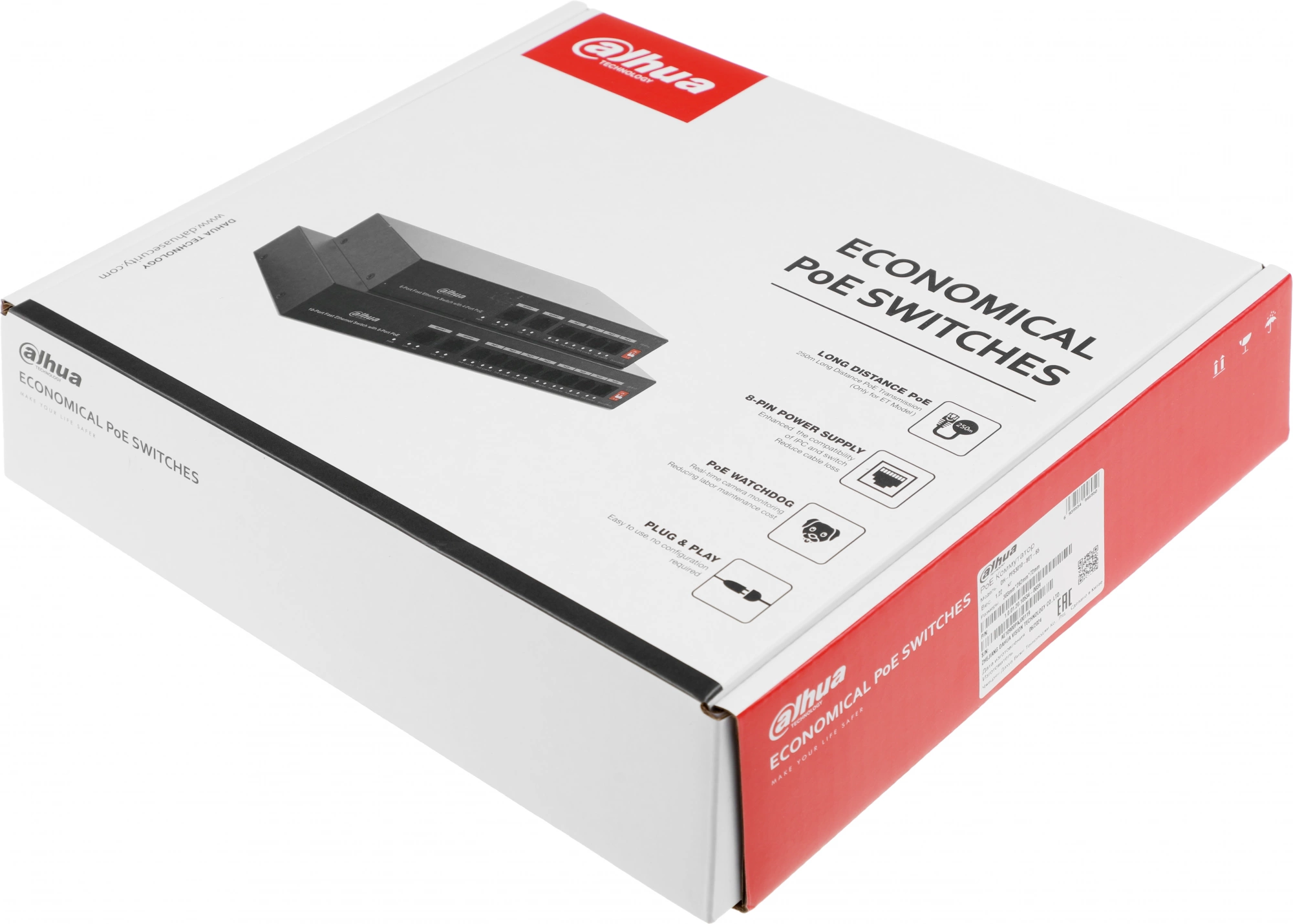 DAHUA DH-PFS3010-8ET-65 10-портовый неуправляемый коммутатор с РоЕ, 8xRJ45 100Mb PoE, 2xRJ45 100Mb uplink, суммарно 65Вт, коммутация 2 Гбит/с, MAC-таблица 2К, металл