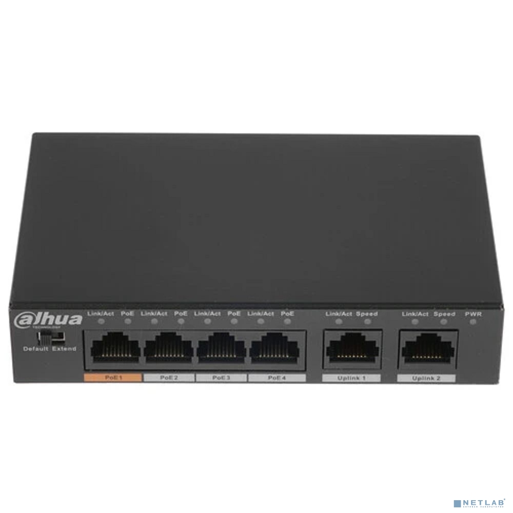 DAHUA DH-PFS3006-4ET-60 4-портовый неуправляемый коммутатор с РоЕ, 4xRJ45 100Mb PoE, 2xRJ45 100Mb uplink, суммарно 60Вт, коммутация 1.8 Гбит/с, MAC-таблица 2К, металл