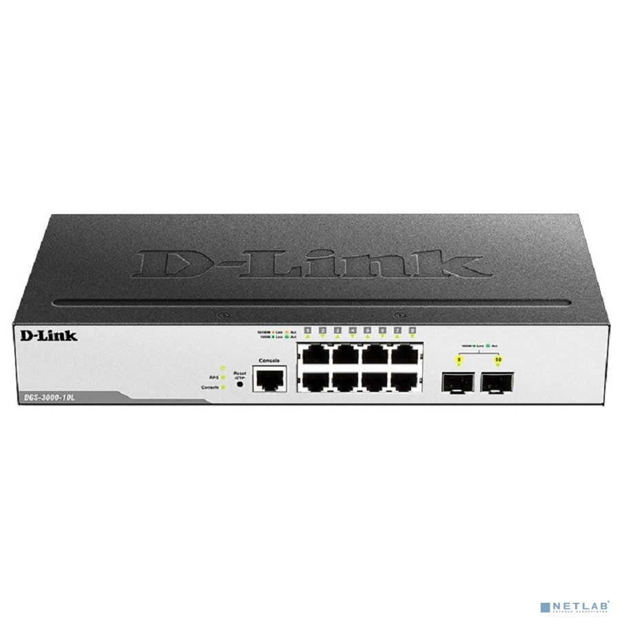D-Link DGS-3000-10L/B1A Управляемый L2 коммутатор с 8 портами 10/100/1000Base-T и 2 портами 1000Base-X SFP