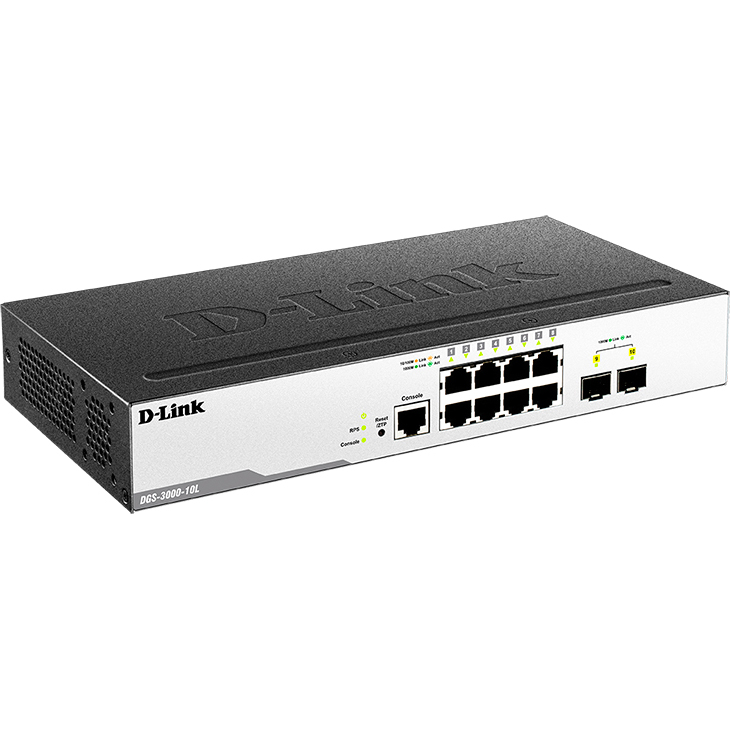 D-Link DGS-3000-10L/B1A Управляемый L2 коммутатор с 8 портами 10/100/1000Base-T и 2 портами 1000Base-X SFP