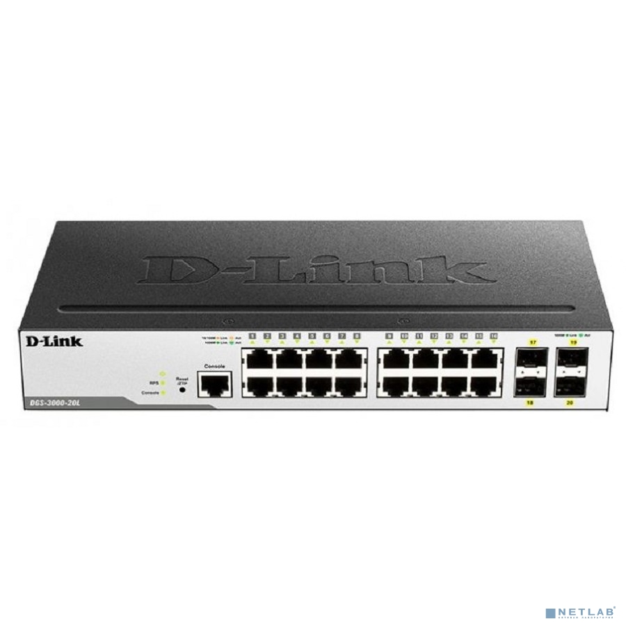 D-Link DGS-3000-20L/B1A Управляемый L2 коммутатор с 16 портами 10/100/1000Base-T и 4 портами 1000Base-X SFP