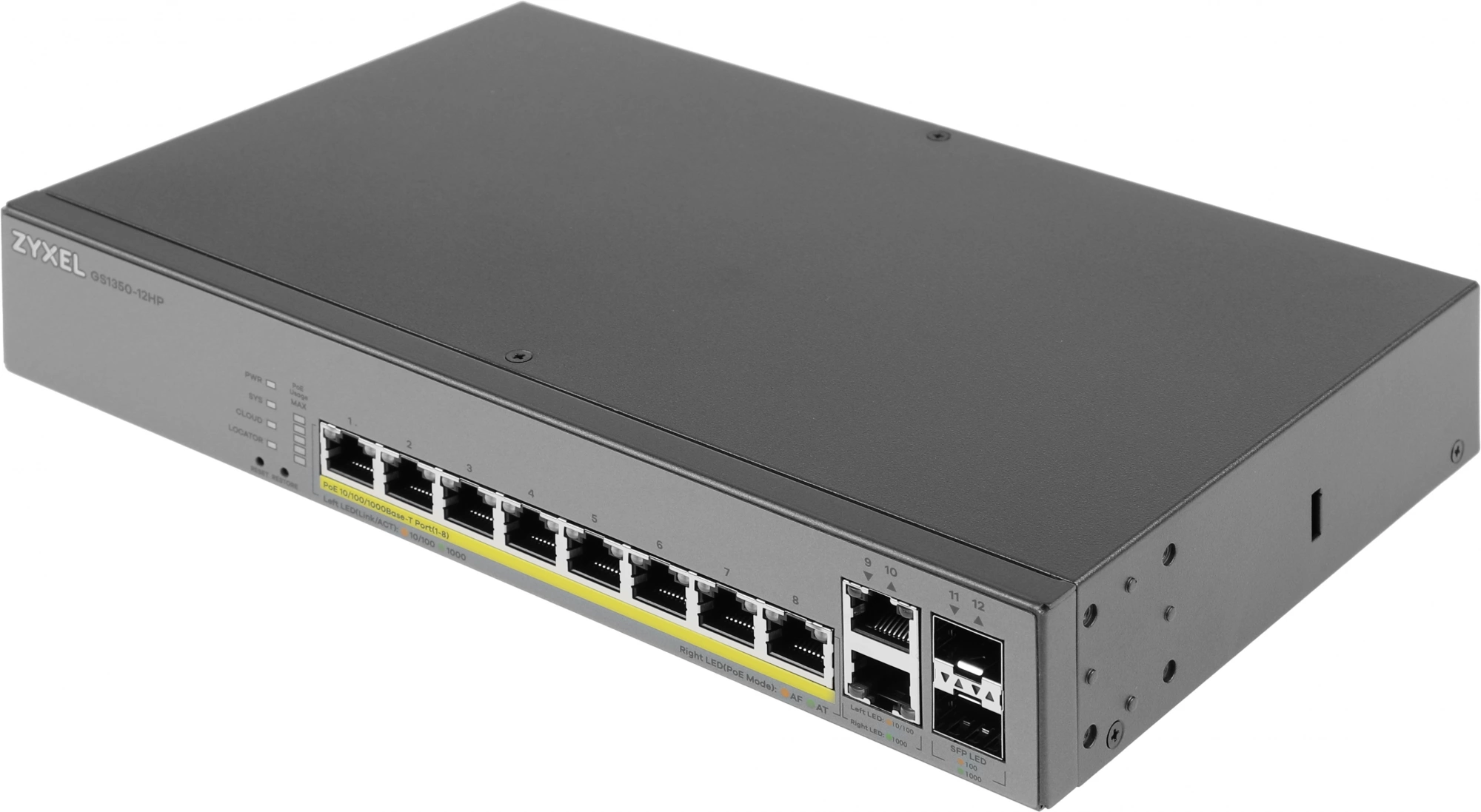ZYXEL GS1350-12HP-EU0101F L2 коммутатор PoE+ для IP-видеокамер 10xGE (8xPoE+), 2xSFP, бюджет PoE 130 Вт, дальность передачи питания до 250 м, автоперезагрузка PoE-портов