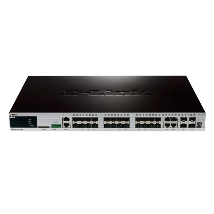 D-Link DGS-3620-28SC/B1AEI PROJ Управляемый стекируемый коммутатор уровня 3 с 20 портами SFP, 4 комбо-портами 10/100/1000Base-T/SFP, 4 портами 10GBase-X SFP+, в комплект поставки входит ПО EI image