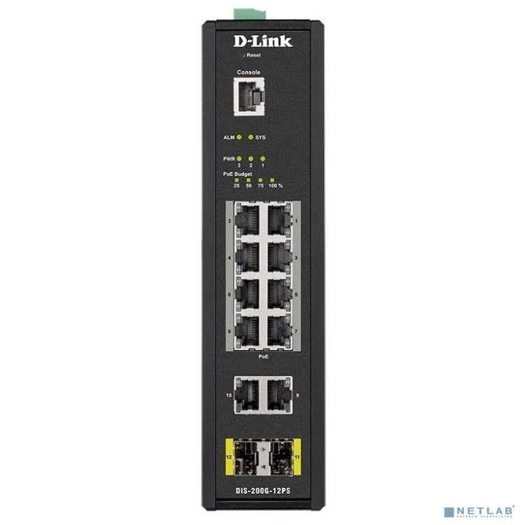 D-Link DIS-200G-12PS/A1A Промышленный управляемый коммутатор 2 уровня с 10 портами 10/100/1000Base-T и 2 портами 1000Base-X SFP (8 портов с поддержкой PoE 802.3af/802.3at (30 Вт),PoE бюджет до 240 Вт)