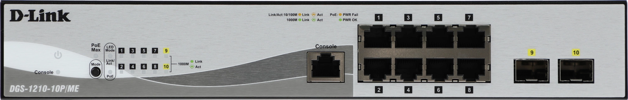 D-Link DGS-1210-10P/ME/B1A Управляемый L2 коммутатор с 8 портами 10/100/1000Base-T и 2 портами 1000Base-X SFP (8 портов PoE 802.3af/at, PoE-бюджет 78 Вт)