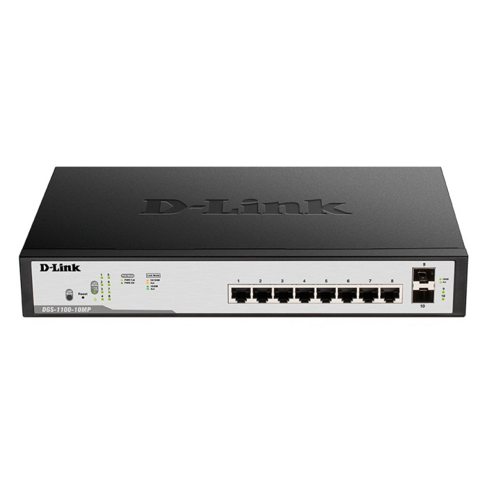 D-Link DGS-1100-10MP/C1A Настраиваемый коммутатор EasySmart с 8 портами 10/100/1000Base-T и 2 портами 1000Base-X SFP (8 портов с поддержкой PoE 802.3af/802.3at (30 Вт), PoE-бюджет 130 Вт)