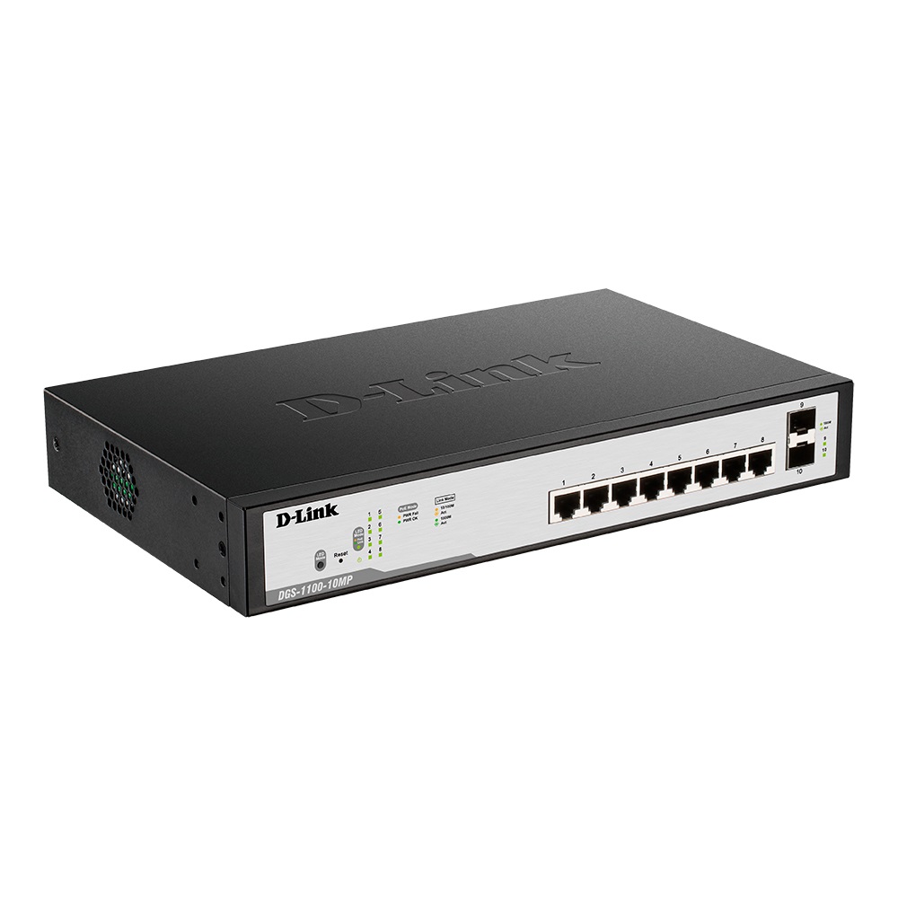 D-Link DGS-1100-10MP/C1A Настраиваемый коммутатор EasySmart с 8 портами 10/100/1000Base-T и 2 портами 1000Base-X SFP (8 портов с поддержкой PoE 802.3af/802.3at (30 Вт), PoE-бюджет 130 Вт)