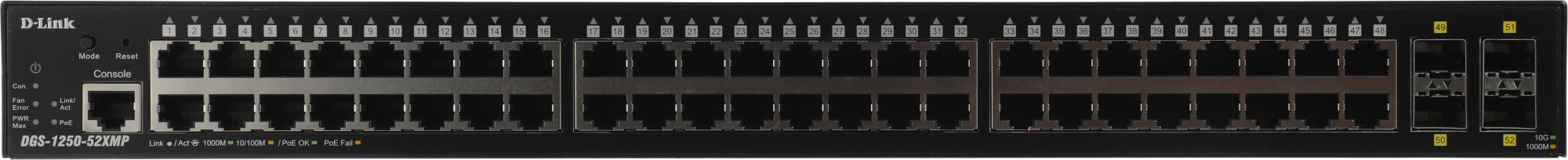 D-Link DGS-1250-52XMP/A1A Управляемый L2 коммутатор с 48 портами 10/100/1000Base-T и 4 портами 10GBase-X SFP+ (48 портов PoE 802.3af/at, PoE-бюджет 370 Вт) D-Link DGS-1250-52XMP/A1A Управляемый L2 коммутатор с 48 портами 10/100/1000Base-T и 4 портами 10GBase-X SFP+ (48 портов PoE 802.3af/at, PoE-бюджет 370 Вт)