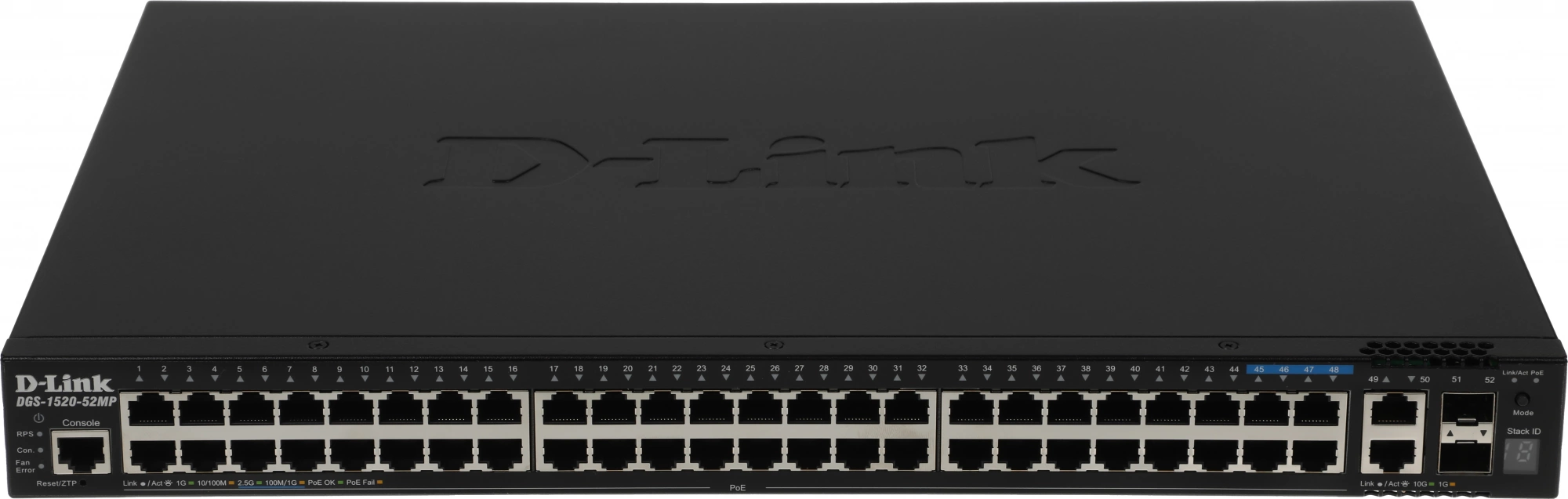 D-Link DGS-1520-52MP/A1A Управляемый L3 стекируемый коммутатор с 44 портами 10/100/1000Base-T, 4 портами 100/1000/2.5GBase-T, 2 портами 10GBase-T и 2 портами 10GBase-X SFP+ (PoE-бюджет 370 Вт)