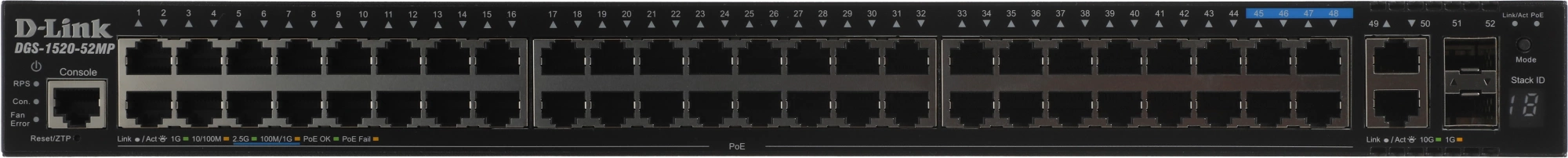D-Link DGS-1520-52MP/A1A Управляемый L3 стекируемый коммутатор с 44 портами 10/100/1000Base-T, 4 портами 100/1000/2.5GBase-T, 2 портами 10GBase-T и 2 портами 10GBase-X SFP+ (PoE-бюджет 370 Вт)
