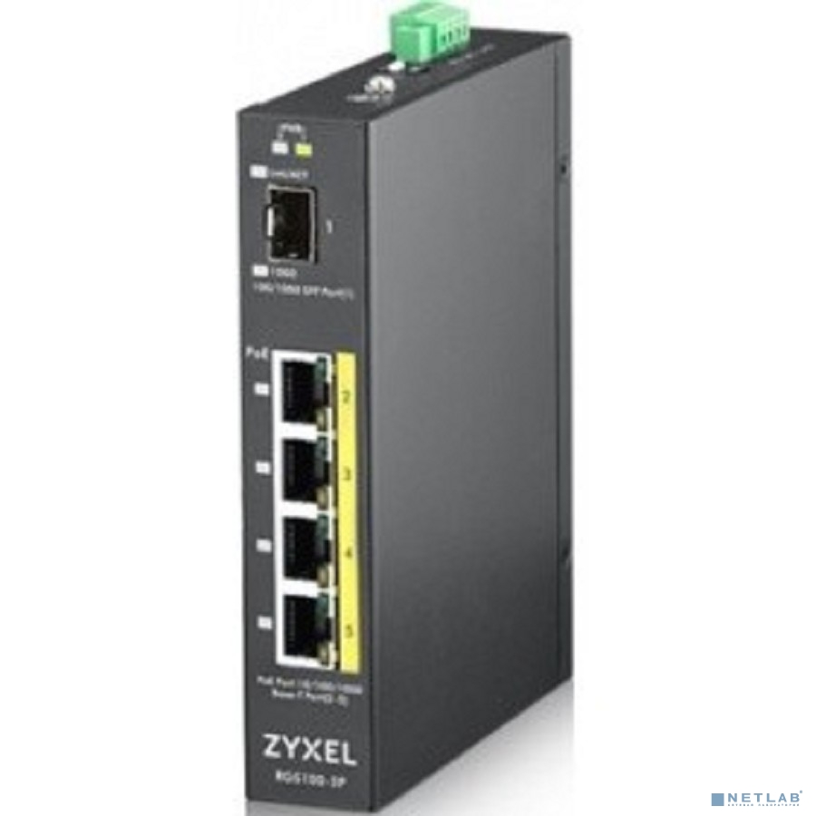 ZYXEL RGS100-5P-ZZ0101F Промышленный PoE+ коммутатор Zyxel RGS100-5P, 4xGE PoE+, 1xSFP, крепление на стену/DIN-рейку, IP30, два источника питания DC, бюджет PoE 120 Вт